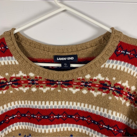 Lands End Fair Isle Sweater Tan Red Women XL 18 Fisherman Fall Thanksgiving Ski - Picture 3 of 11